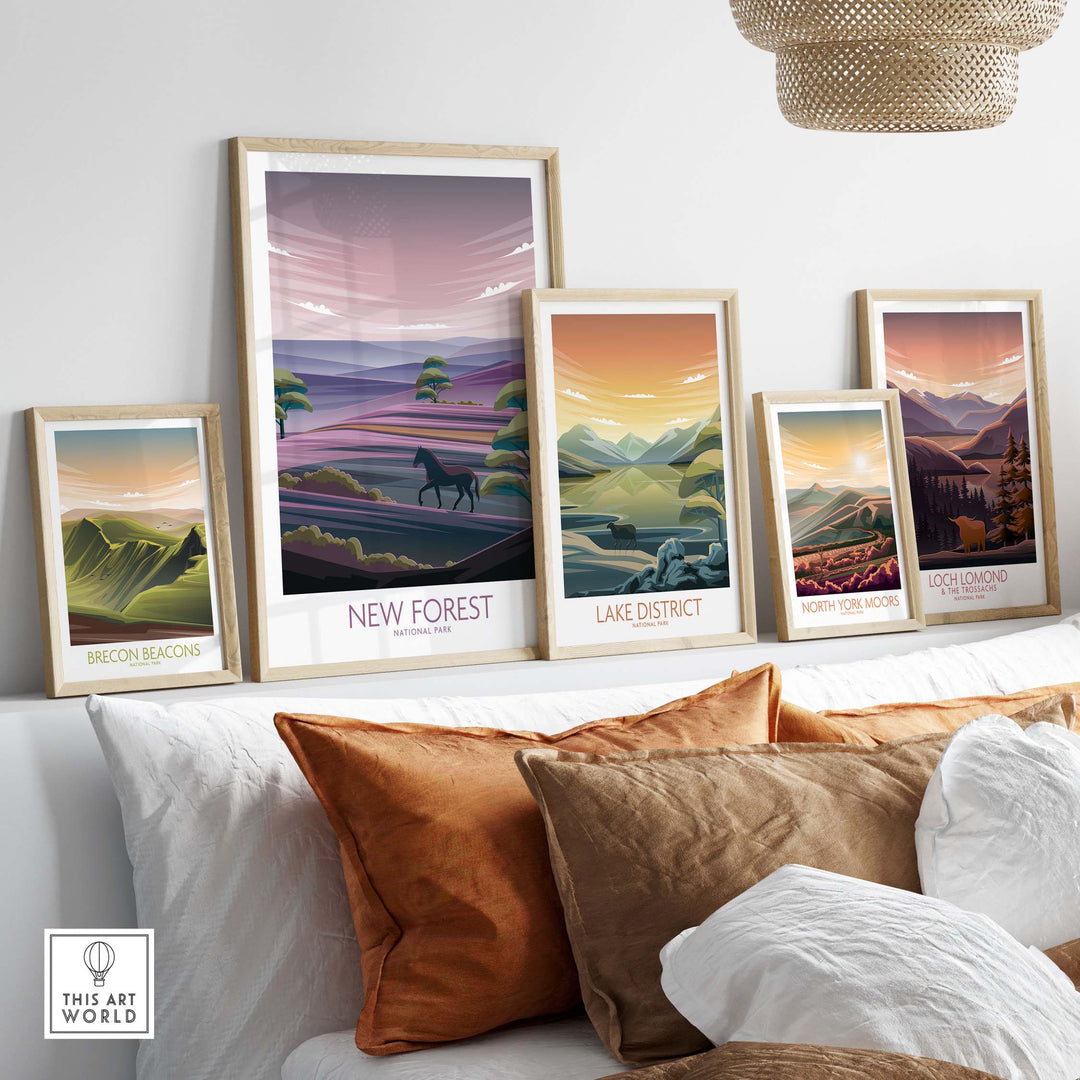 Stylish New Forest National Park and Lake District art prints in minimalist frames on a modern wall.
