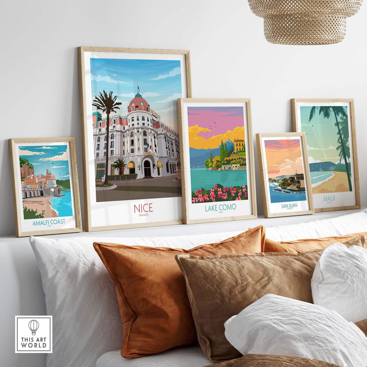 Framed travel prints including Nice France, Amalfi Coast, Lake Como, San Juan, and Maui in a stylish home decor setting.