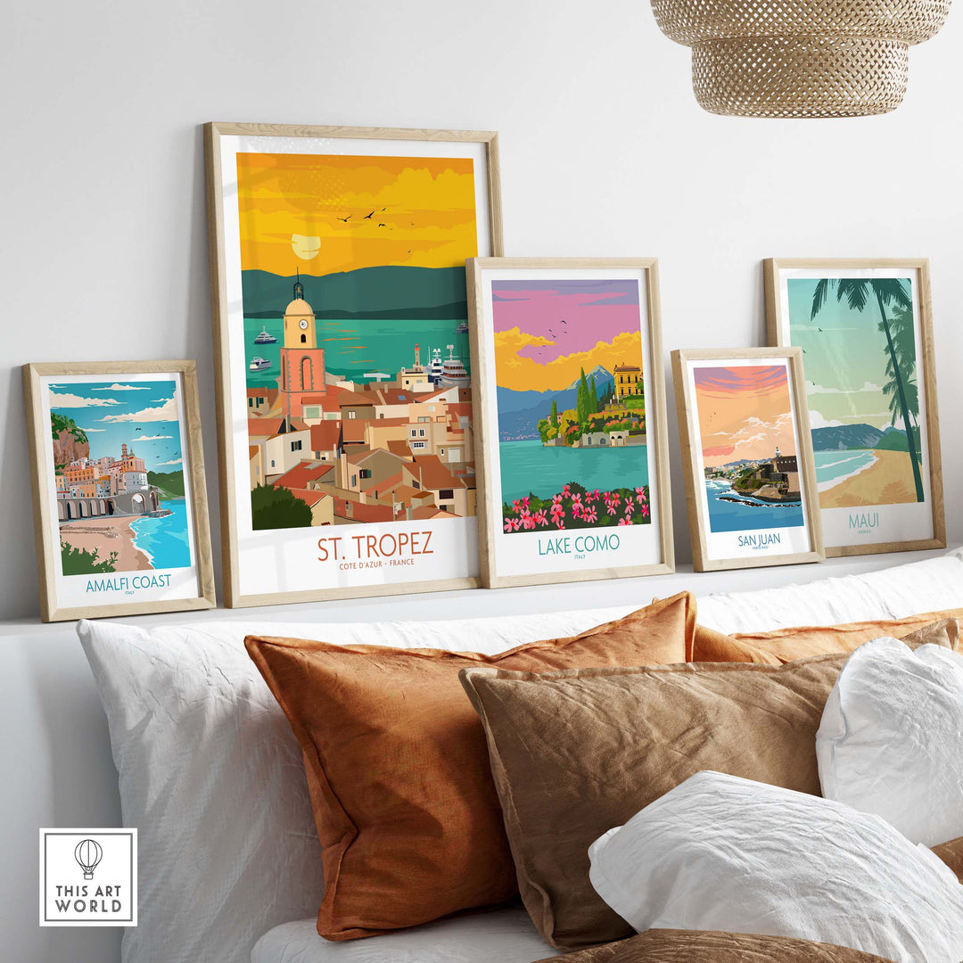 St Tropez Poster Print collection arranged on a wall, showcasing vintage travel art for home decor.