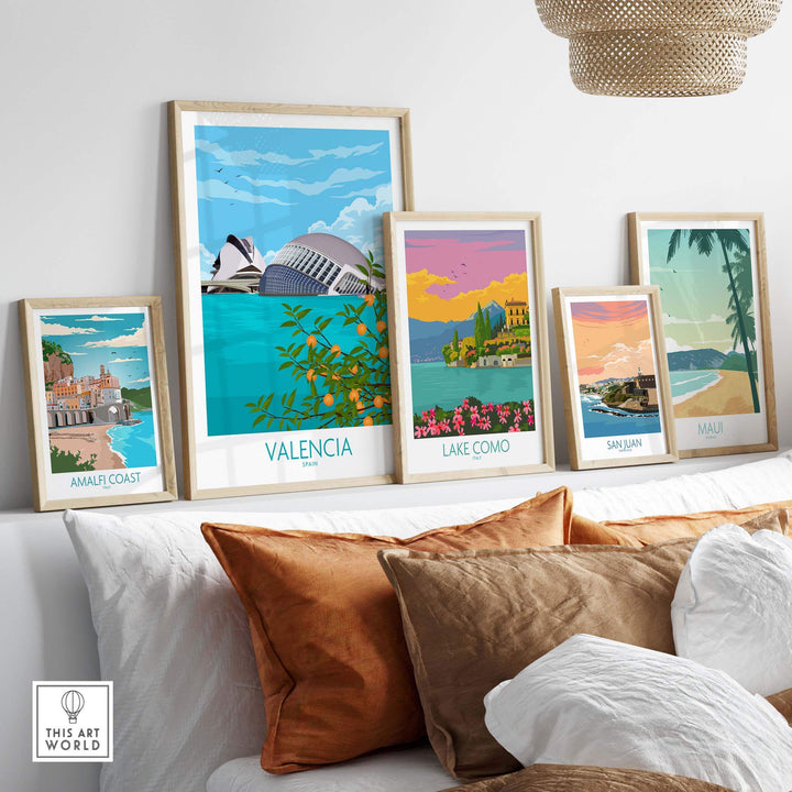 Valencia Poster Print displayed among other vintage-style travel posters on a stylish home interior.