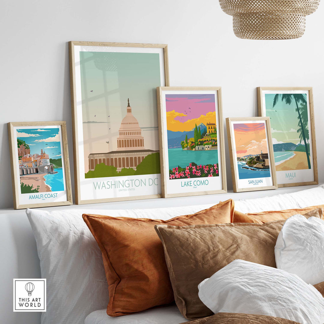 Stylish Washington DC wall art print among vintage travel posters in a cozy home setting.