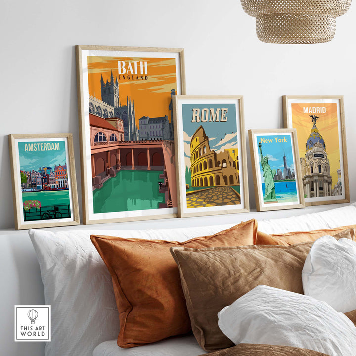 Framed wall art prints featuring Bath, Rome, Amsterdam, New York, and Madrid, showcasing vintage travel inspirations.