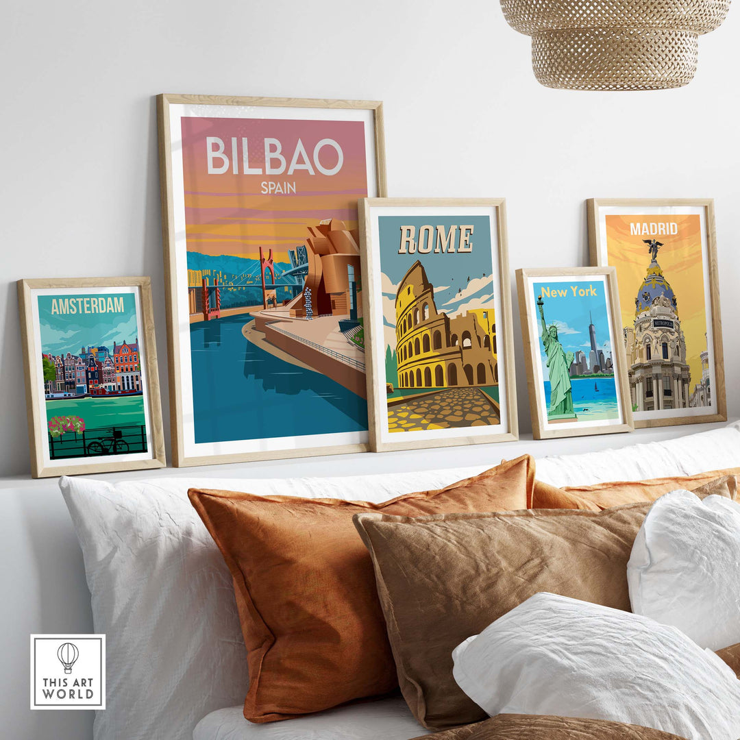 Framed Bilbao Spain Art Print alongside vintage travel posters of Amsterdam, Rome, and Madrid in a stylish home setting.