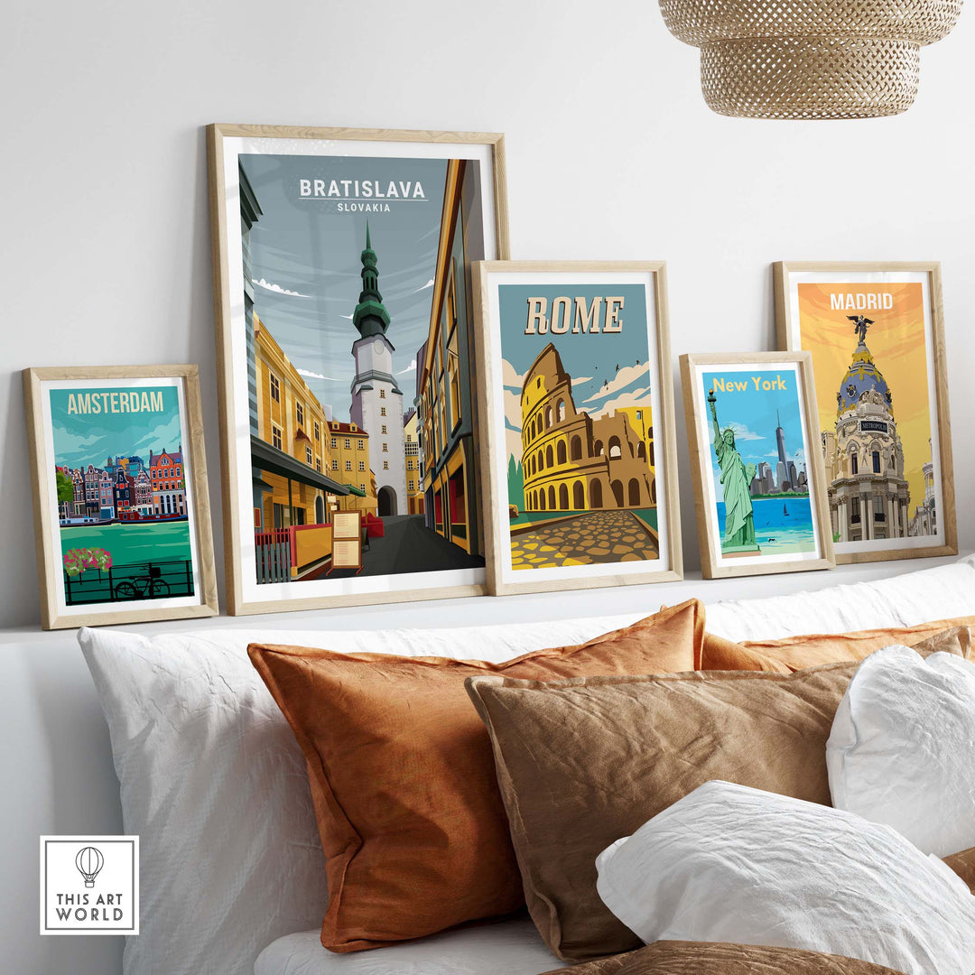 Bratislava, Slovakia poster displayed among vintage travel artworks, featuring nostalgic minimalist designs.