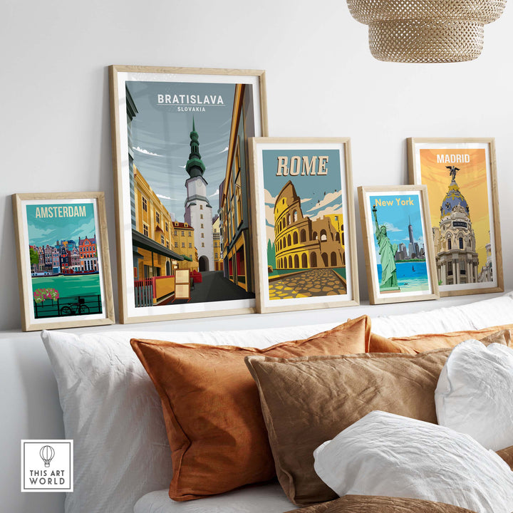 Bratislava, Slovakia poster displayed among vintage travel artworks, featuring nostalgic minimalist designs.