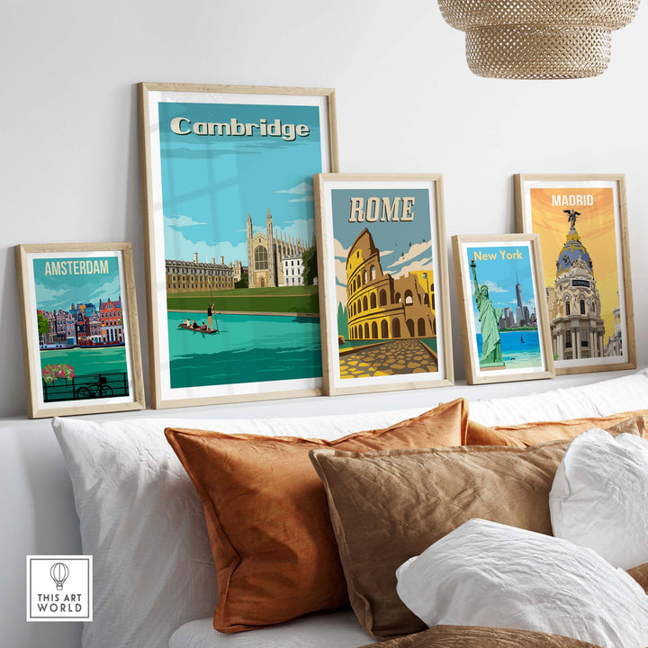 Cambridge vintage poster art displayed with other city prints on a stylish living room wall.