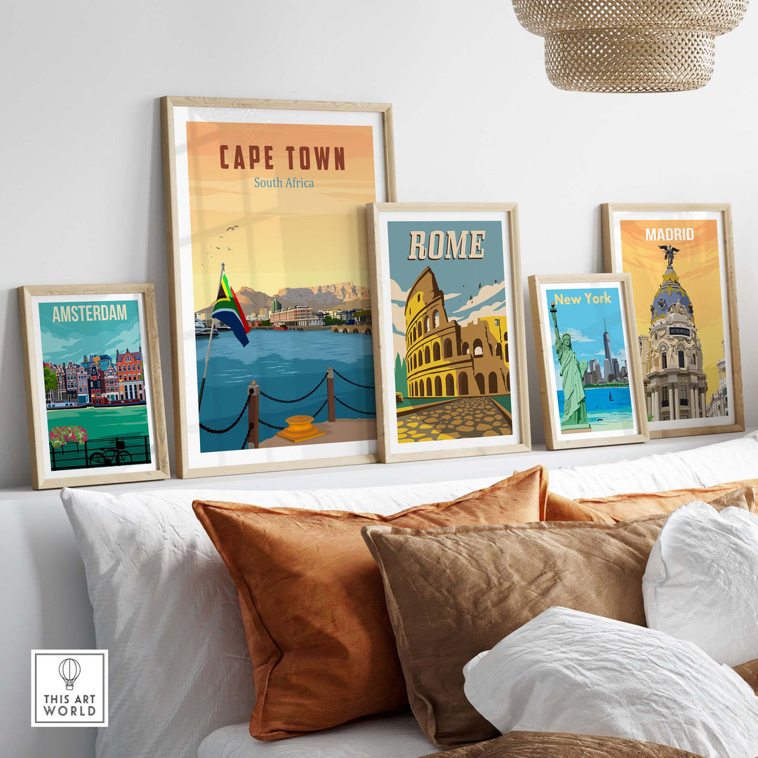 Cape Town Travel Poster Print displayed with framed vintage art prints of Rome, Amsterdam, New York, and Madrid on a stylish wall.