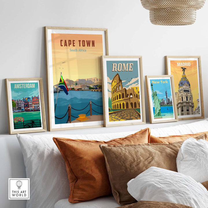 Cape Town Travel Poster Print displayed with framed vintage art prints of Rome, Amsterdam, New York, and Madrid on a stylish wall.