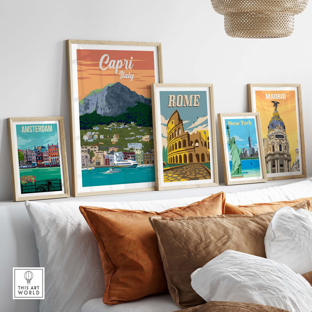 Framed Capri Italy poster print among vintage travel art prints in stylish home decor setting.