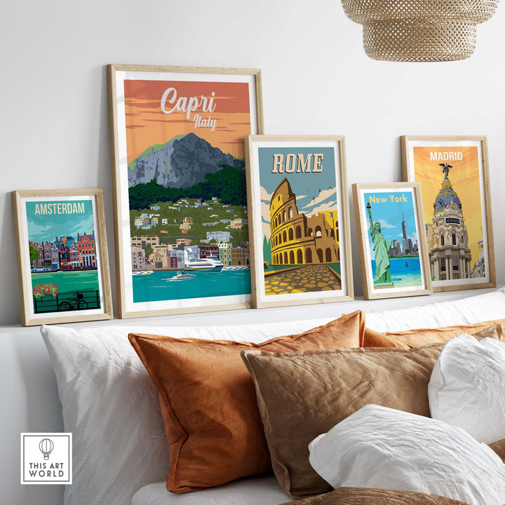 Framed Capri Italy poster print among vintage travel art prints in stylish home decor setting.