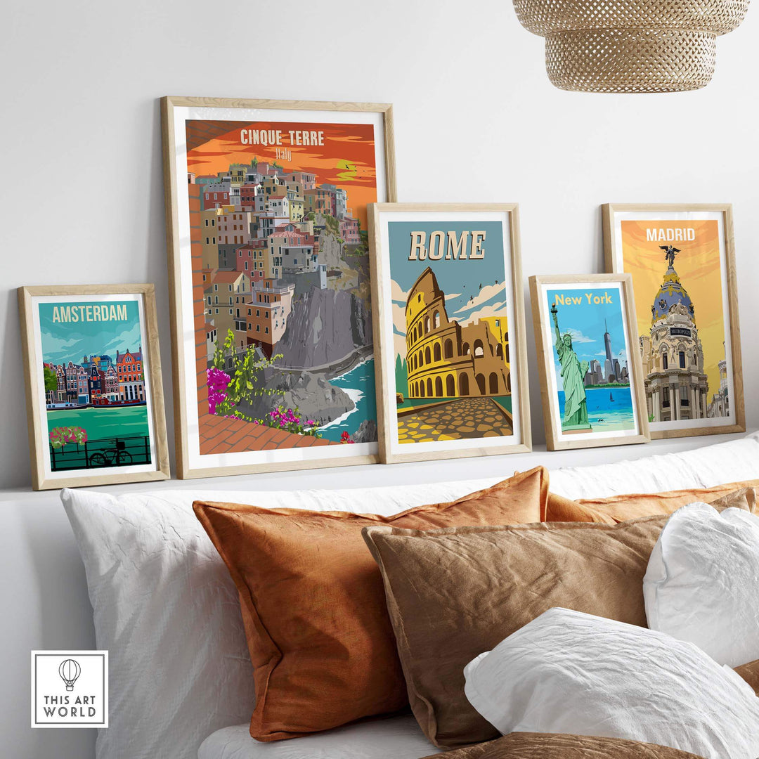 Cinque Terre Italy poster print alongside travel art from Amsterdam, Rome, and Madrid in stylish framed display.