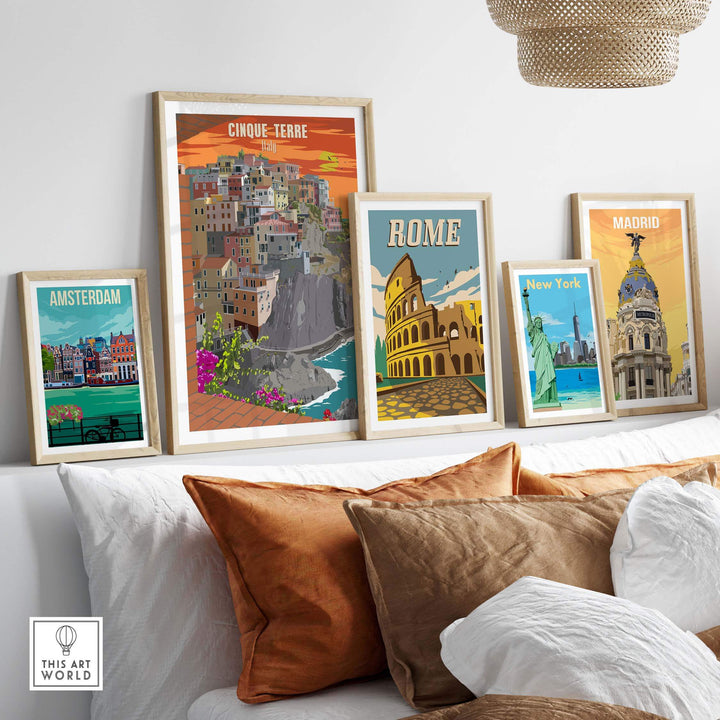 Cinque Terre Italy poster print alongside travel art from Amsterdam, Rome, and Madrid in stylish framed display.
