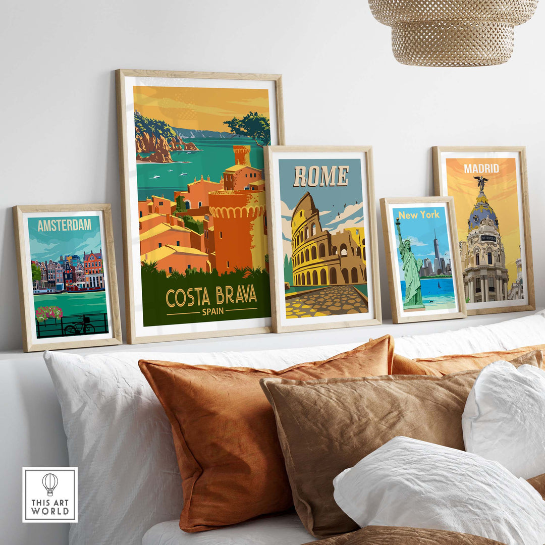 Framed travel posters featuring Costa Brava, Rome, Amsterdam, New York, and Madrid in a stylish living room setting.