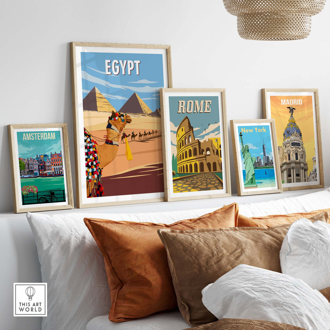 Framed vintage travel posters featuring Egypt, Rome, Madrid, and Amsterdam in a stylish home decor setting.