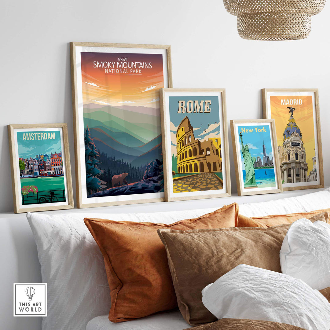 Great Smoky Mountains National Park print among framed travel posters on a stylish wall.