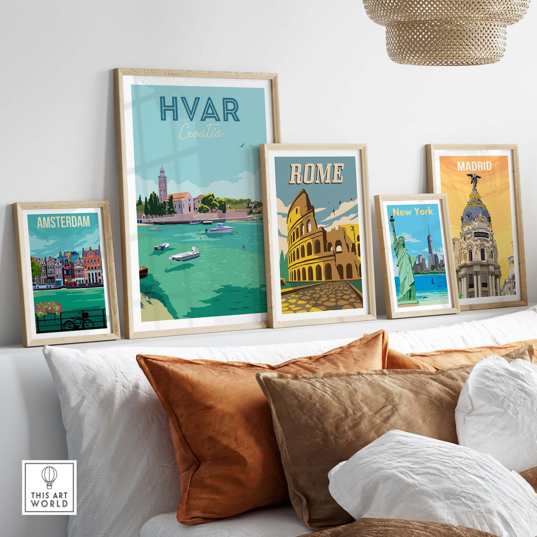 Hvar Croatia Print Poster Wall Art displayed with framed prints of Amsterdam, Rome, and Madrid in a stylish home setting.