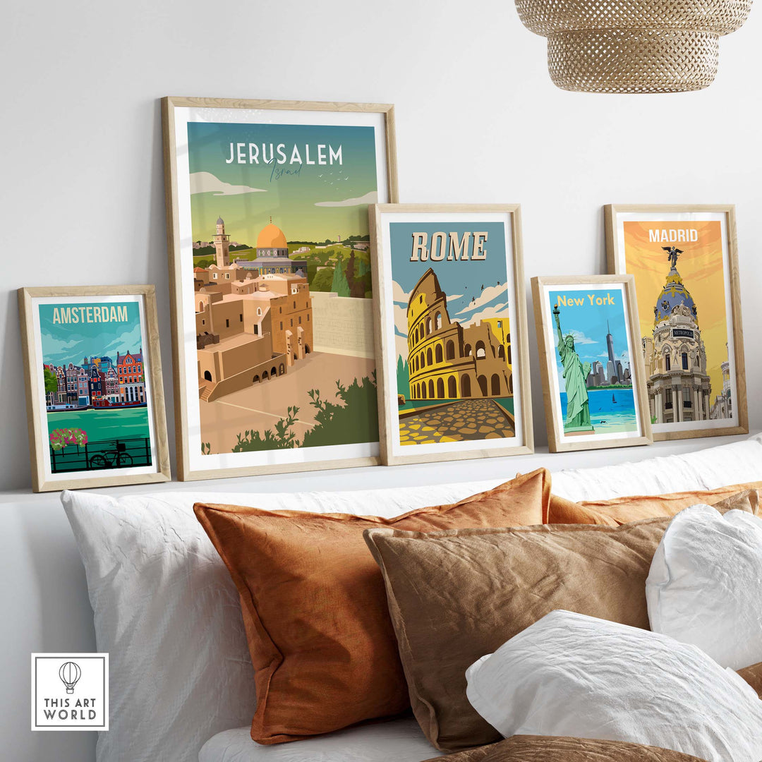 Jerusalem travel poster print displayed with other city posters, showcasing minimalist vintage art for stylish home decor.