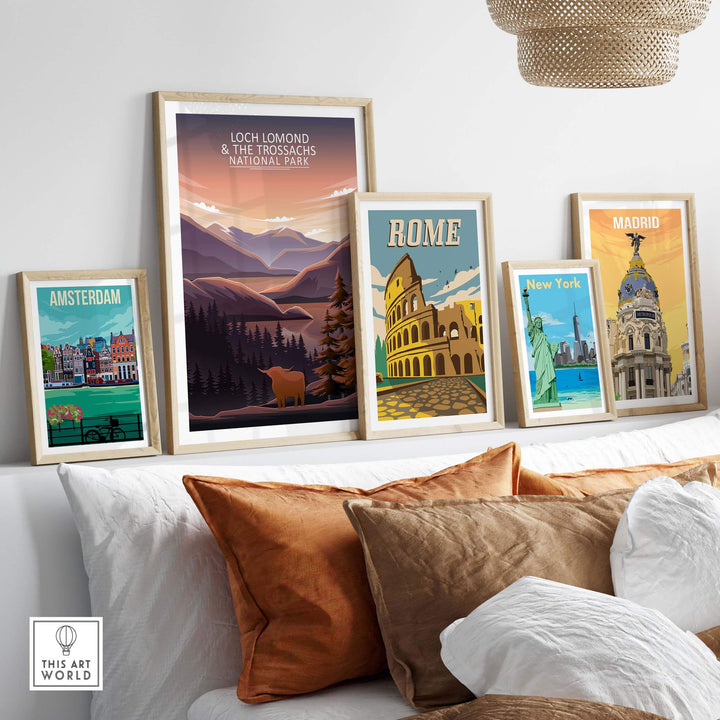 Loch Lomond and The Trossachs poster alongside framed city posters on a stylish living room wall.