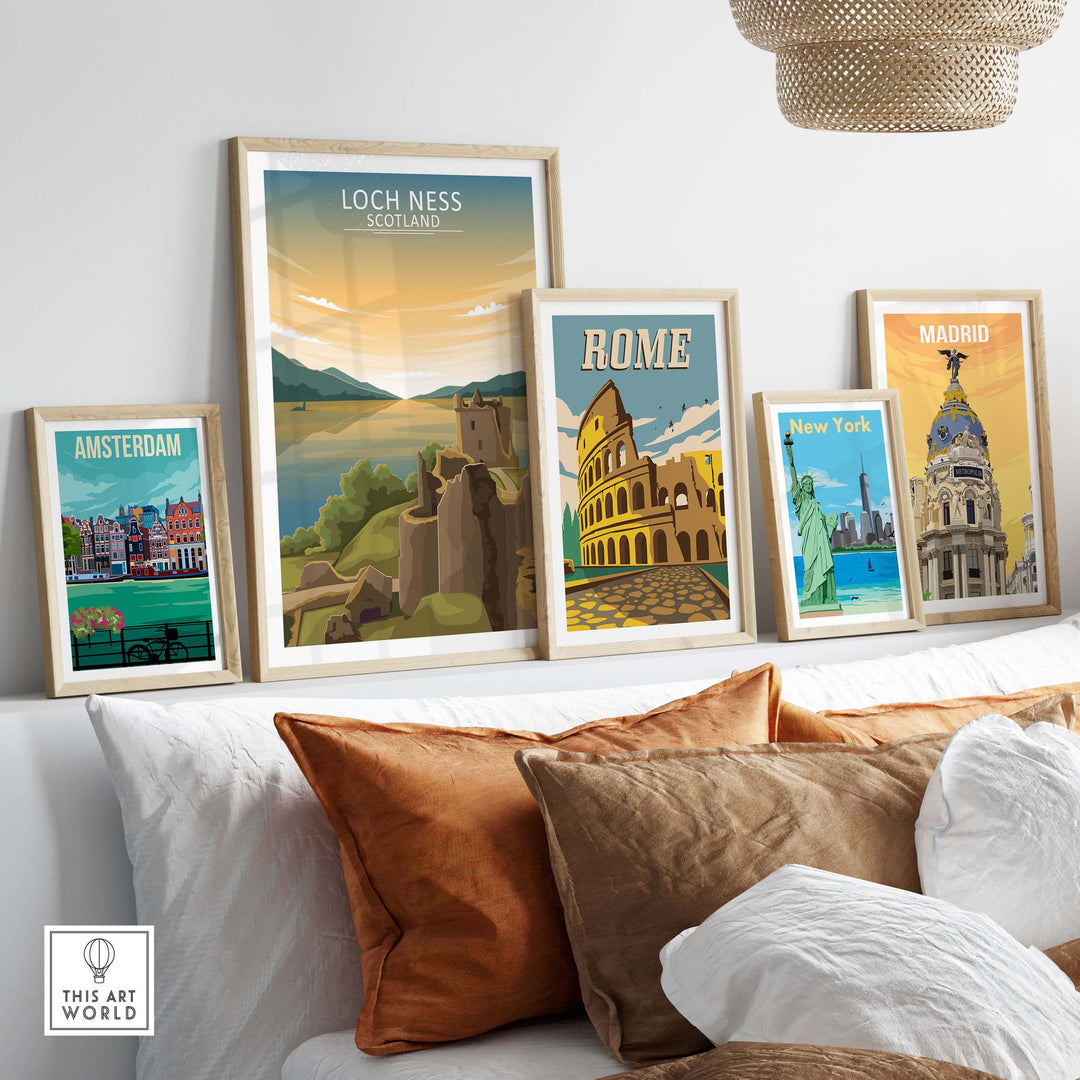 Loch Ness Wall Art Scotland print displayed with other city travel posters in a stylish home setting.