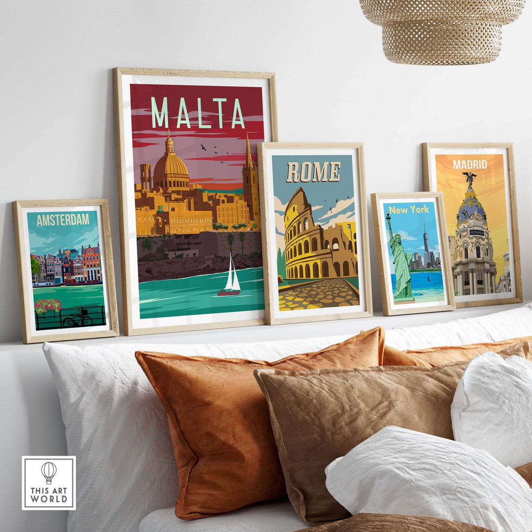 Stylish Malta Poster Print Wall Art among framed vintage travel posters in a modern home setting.