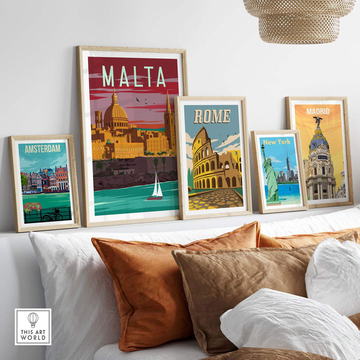 Stylish Malta Poster Print Wall Art among framed vintage travel posters in a modern home setting.