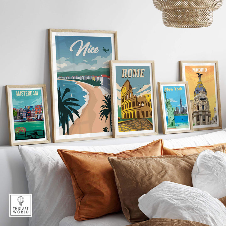 Display of vintage travel posters including Nice, Rome, Madrid, New York, and Amsterdam in stylish frames.