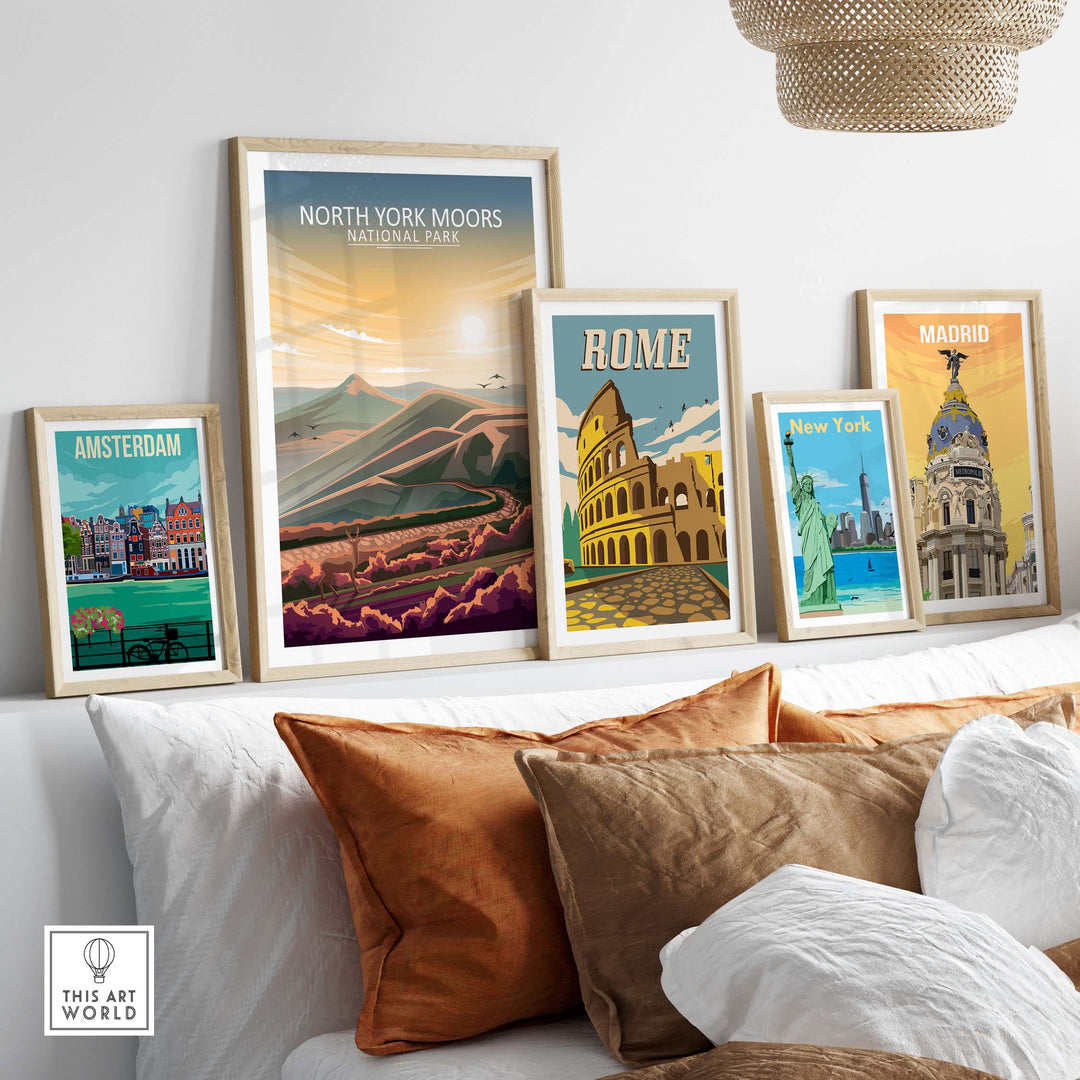 North York Moors National Park poster among framed city prints in a stylish living room decor setup.