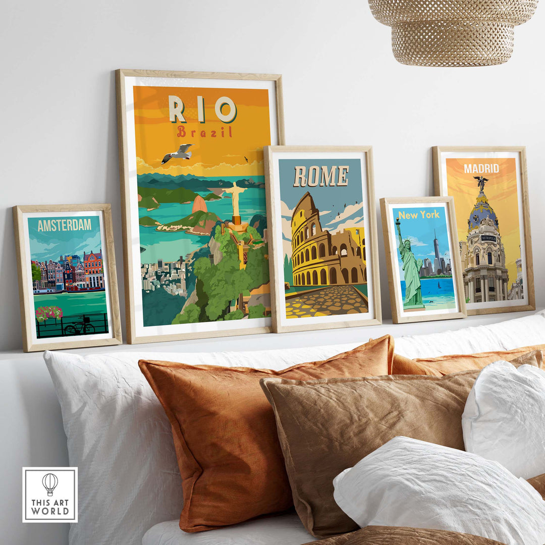 Framed Rio Brazil travel wall art print among other city prints, showcasing a stylish home decor setup.