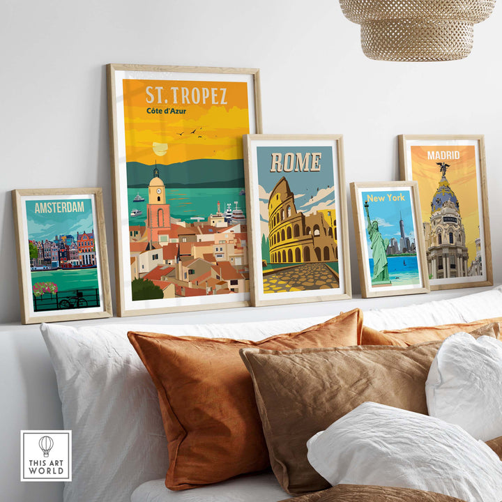 St Tropez France print poster wall art alongside vintage travel posters of Amsterdam, Rome, New York, and Madrid.