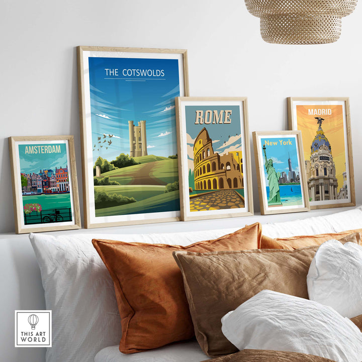 Stylish travel posters including The Cotswolds, Amsterdam, Rome, and Madrid in a modern home setting.
