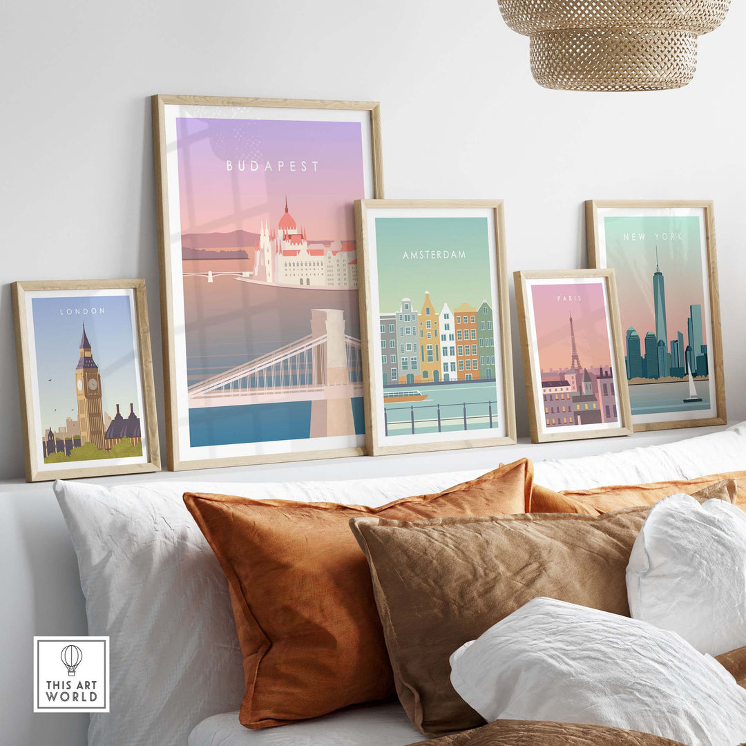 Stylish Budapest print wall art in frames, showcasing travel nostalgia with other city posters on a cozy couch.