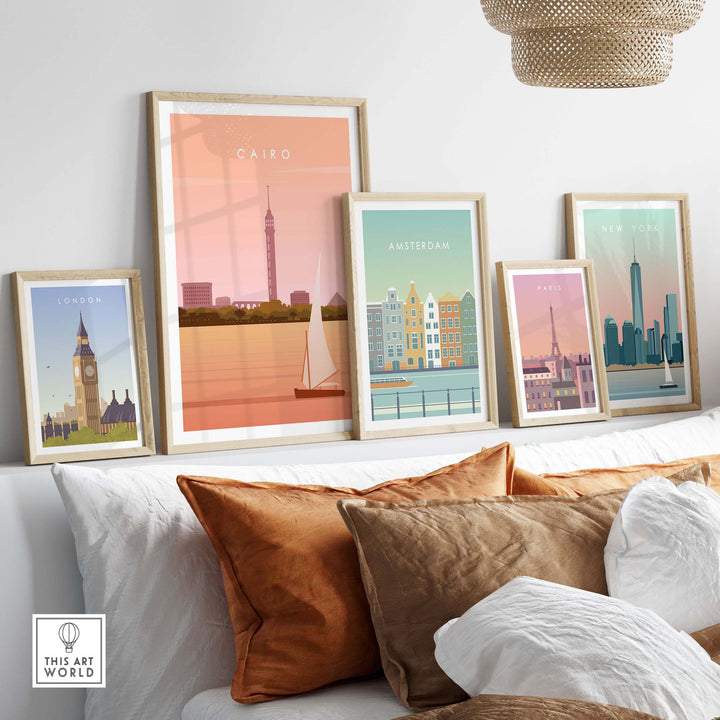 Cairo Print Wall Art Poster displayed among vintage travel posters in a stylish home interior setting.