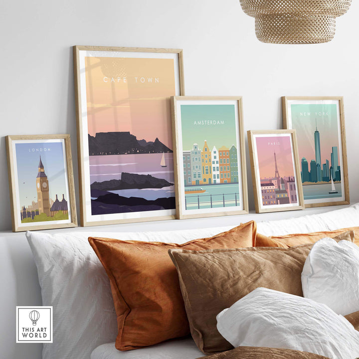 Stylish Amsterdam print wall art poster displayed among framed city art in a modern living room setting.