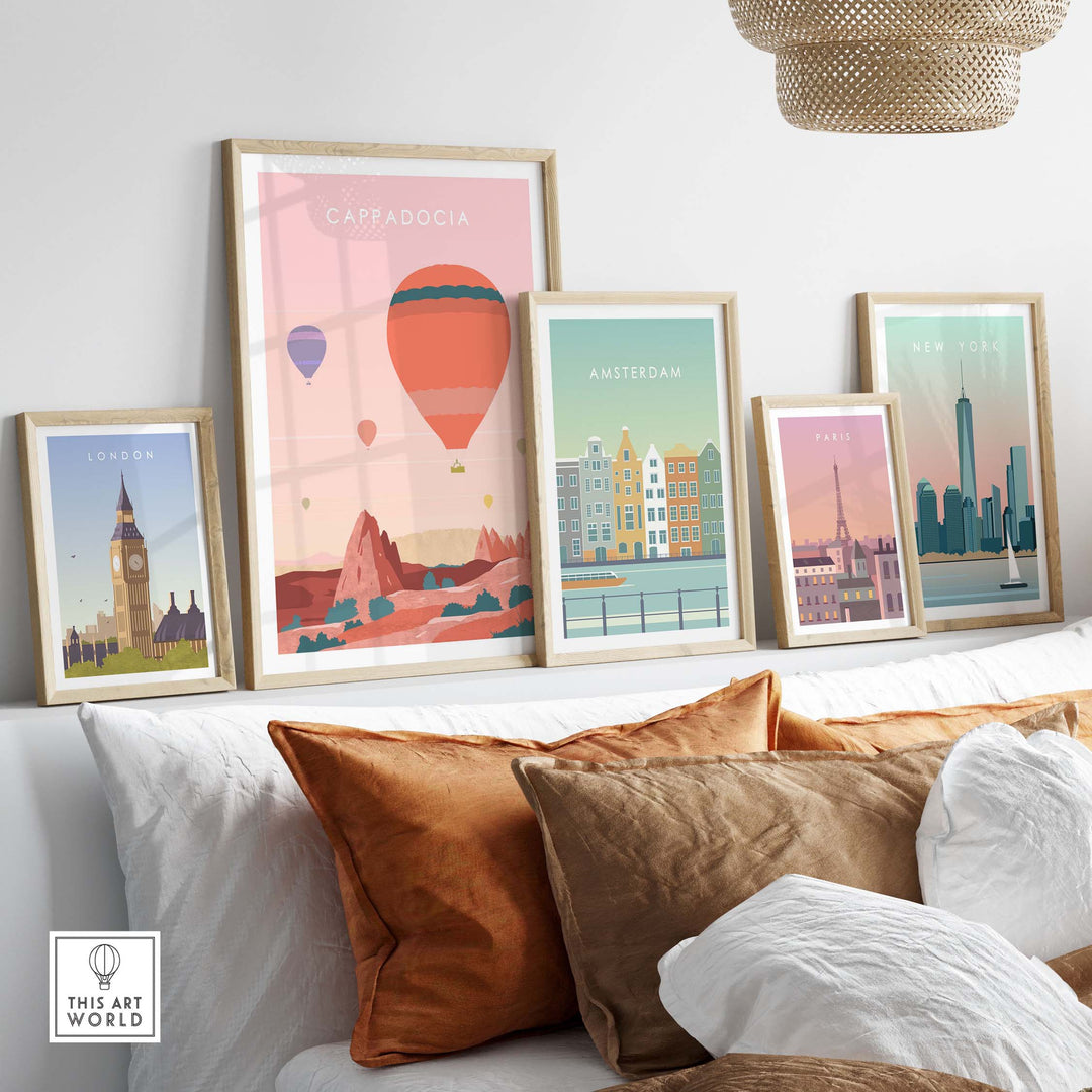 Cappadocia Print Wall Art Poster among framed travel posters depicting iconic cities on a stylish sofa.