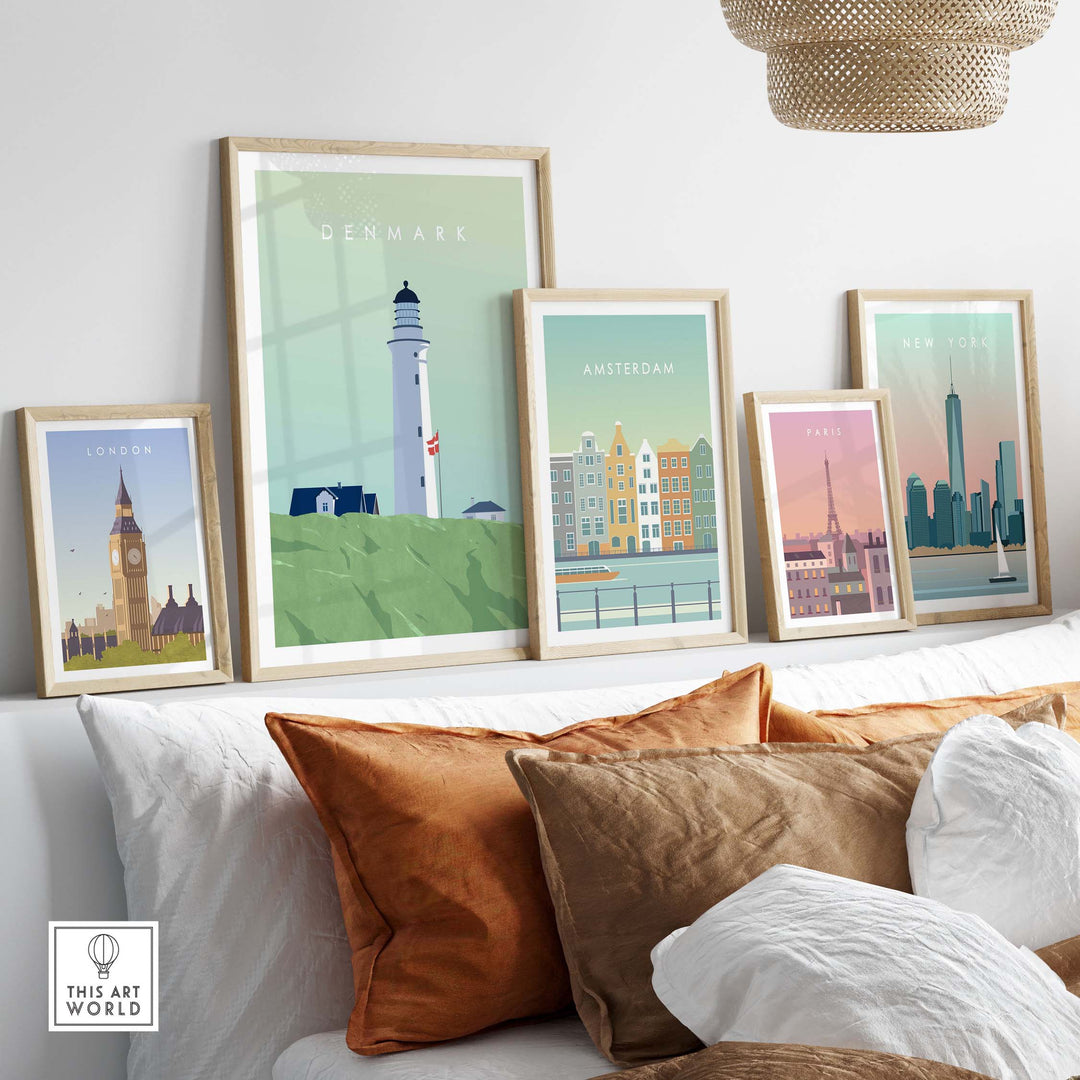 Denmark Print Wall Art Poster displayed with other city art prints in a stylish interior setting.