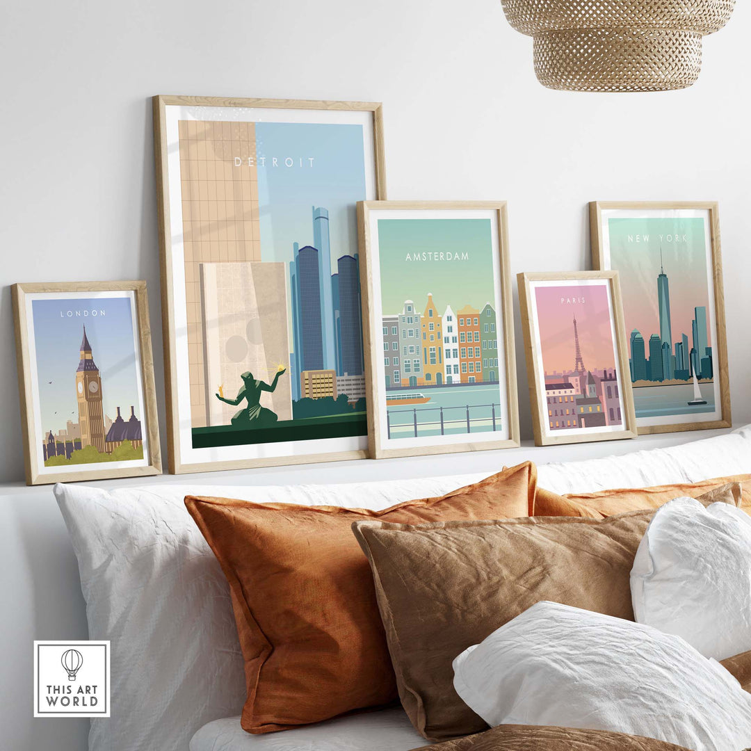 Stylish wall art featuring Detroit and other city travel poster prints in a cozy living room.