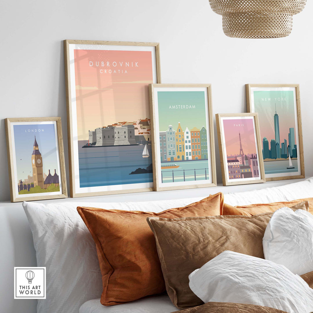 Dubrovnik Print Wall Art Poster displayed with city prints in a stylish living room setting.