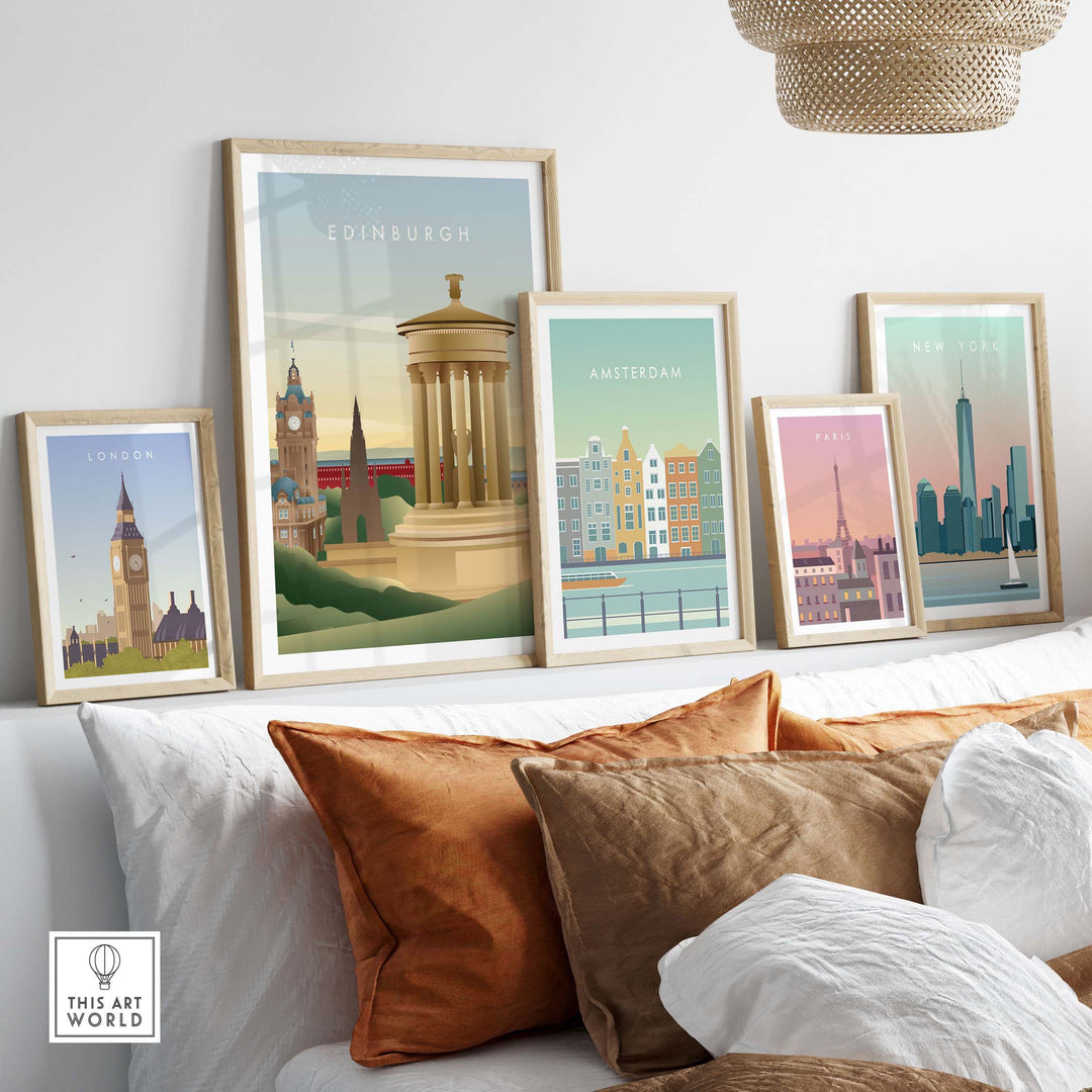Edinburgh Wall Art Poster displayed among framed city travel art, showcasing vintage travel-inspired decor for home.