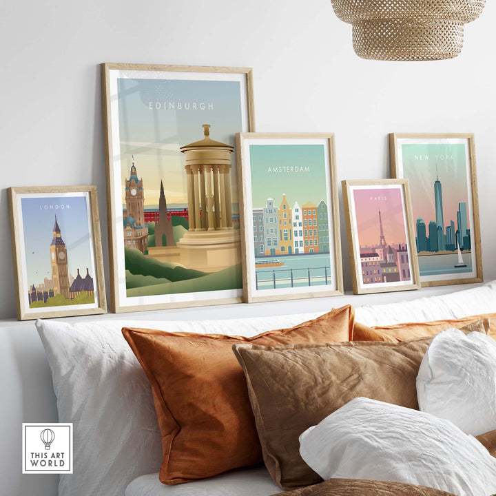 Edinburgh Wall Art Poster displayed among framed city travel art, showcasing vintage travel-inspired decor for home.