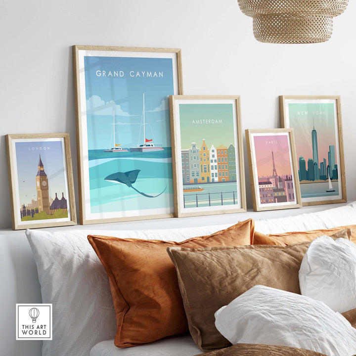 Grand Cayman wall art poster displayed with vintage travel posters in a stylish living room setting.