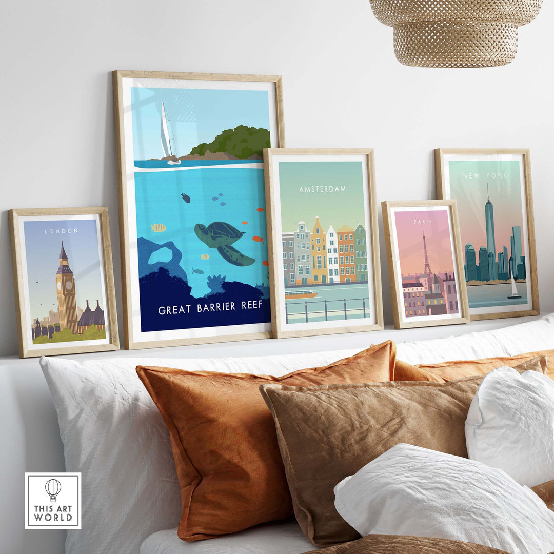 Great Barrier Reef Print displayed among travel posters in a stylish living room, showcasing minimalist wall art.