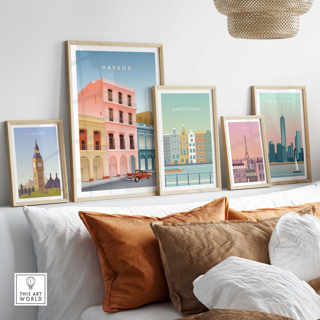 Havana Wall Art Poster displayed among other city travel posters in stylish home decor setting.
