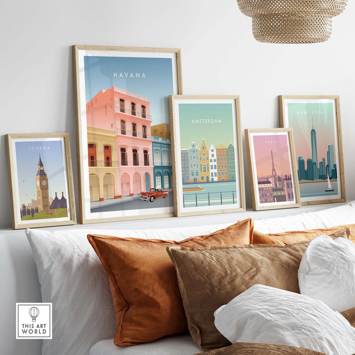 Havana Wall Art Poster displayed among other city travel posters in stylish home decor setting.