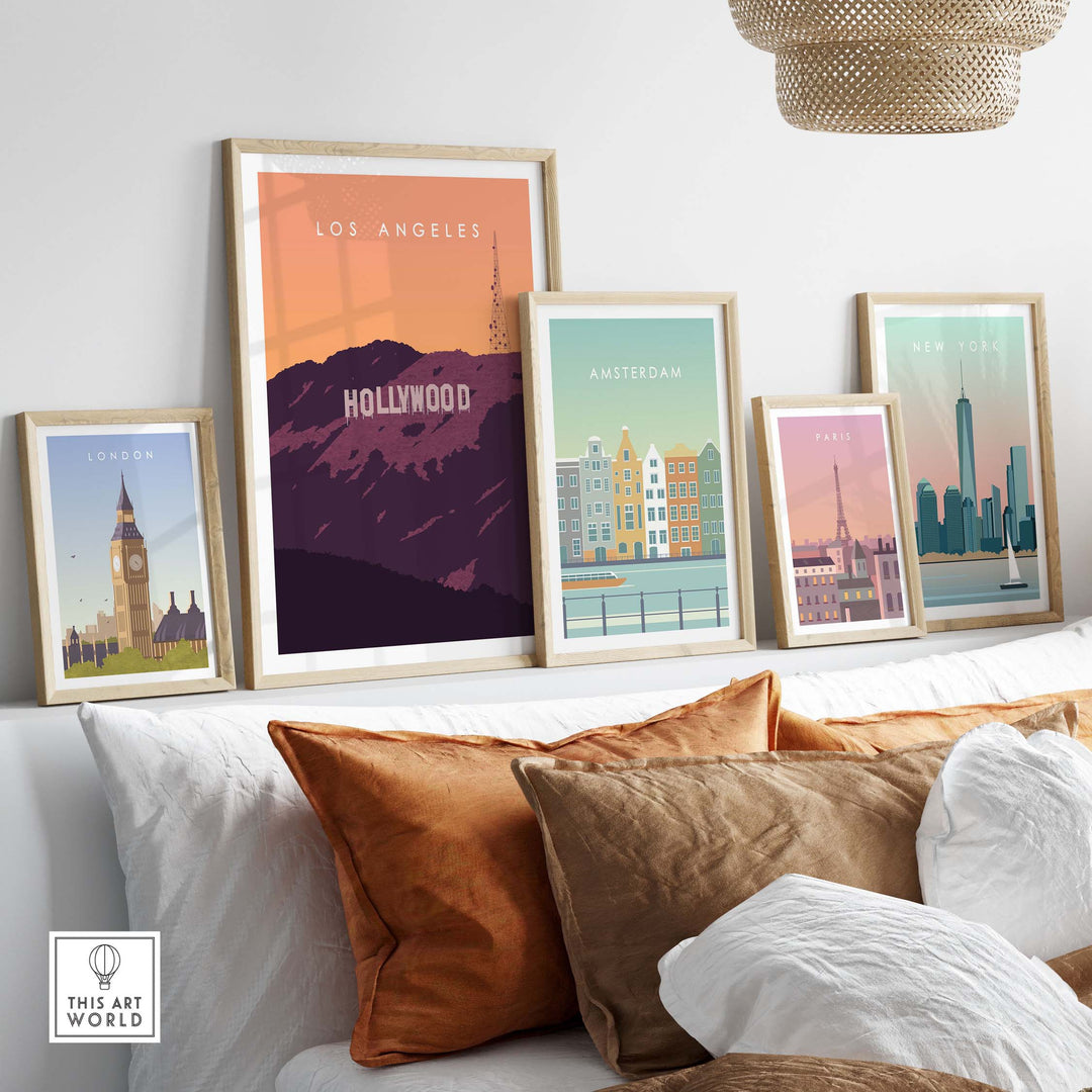 Stylish wall art featuring Hollywood and vintage travel posters for Los Angeles, Amsterdam, London, and Paris.