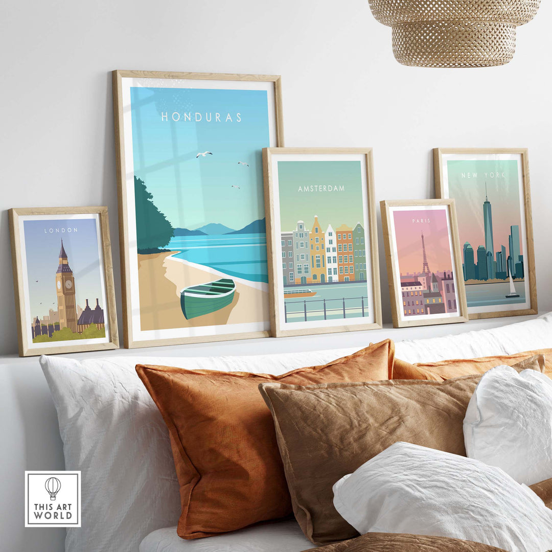 Stylish travel poster prints including a Honduras print, framed artwork for home or office decor.