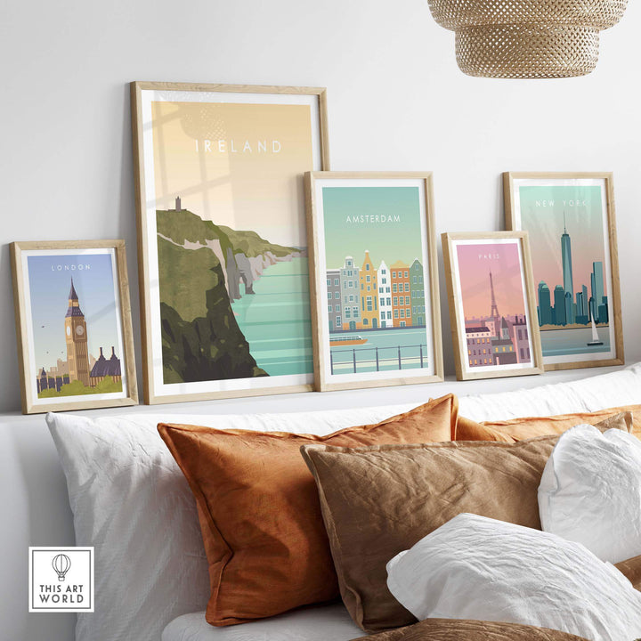 Stylish wall art featuring Ireland, London, Amsterdam, Paris, and New York travel posters on a modern couch.