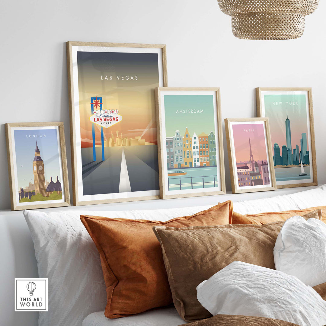 Stylish wall art display with Las Vegas, Amsterdam, London, Paris, and New York travel posters in framed settings.