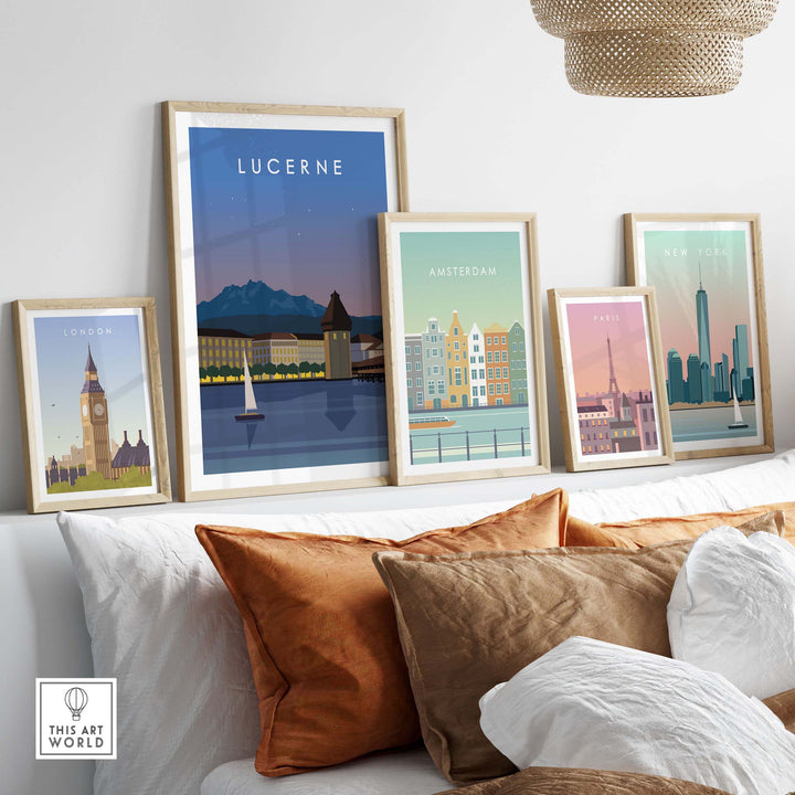 Stylish wall art featuring Lucerne, Amsterdam, London, and Paris prints in a modern home setting.