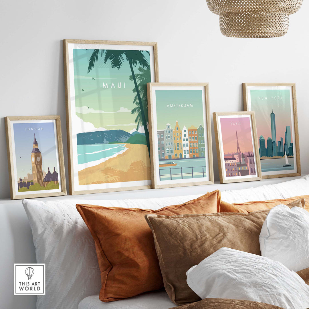 Wall art featuring Maui beach scene and city prints, adding a tranquil aesthetic to modern home decor.