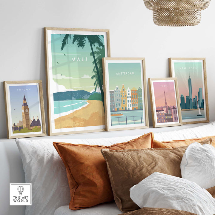 Wall art featuring Maui beach scene and city prints, adding a tranquil aesthetic to modern home decor.